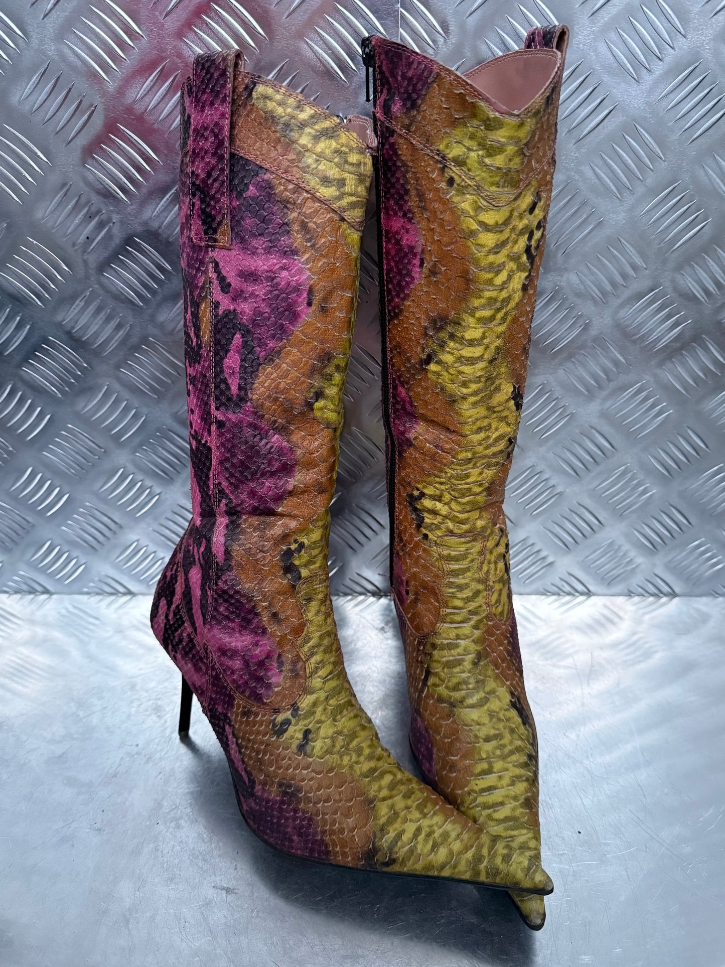 Vintage leather high boots in multicolor snake print TWINKLING GLOBAL