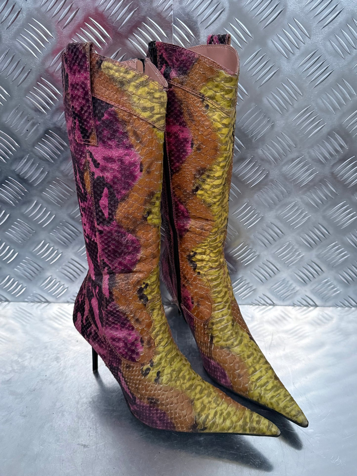 Vintage leather high boots in multicolor snake print TWINKLING GLOBAL