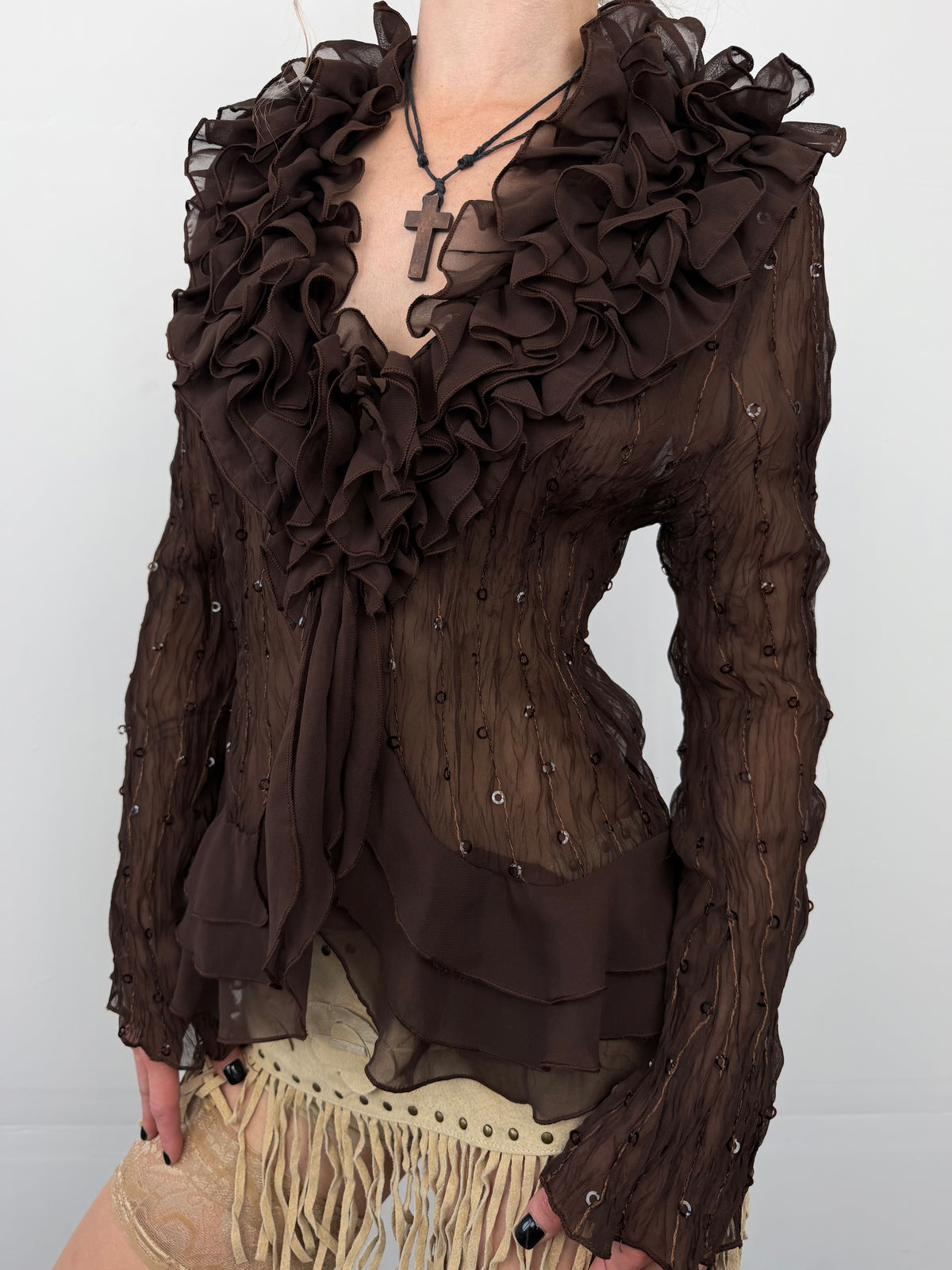 Vintage brown ruffle blouse TWINKLING GLOBAL