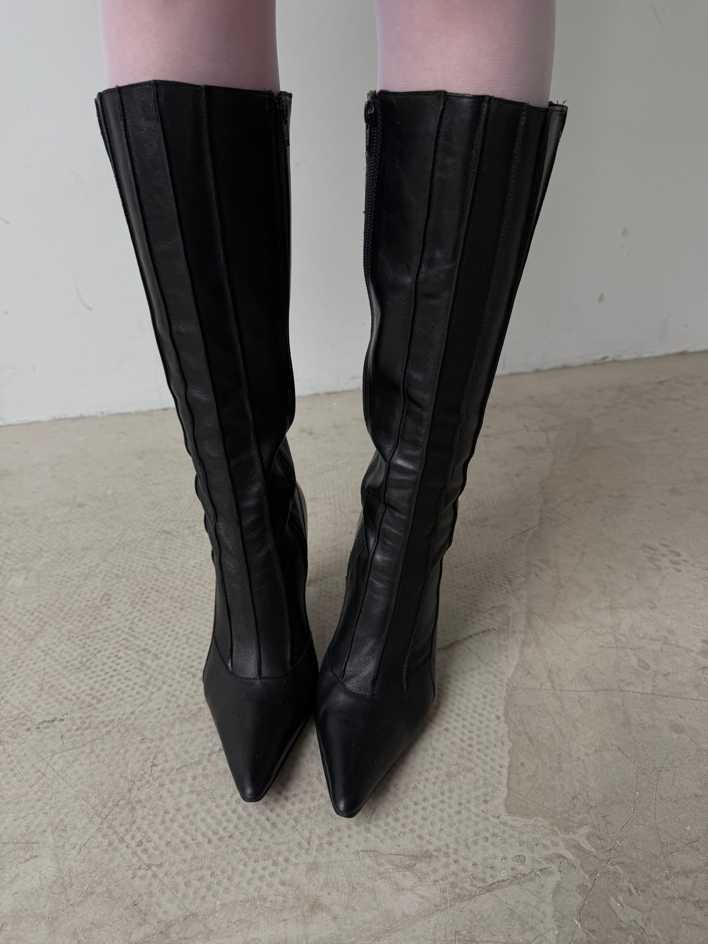 Vintage black leather Buffalo knee-high boots with stiletto heel TWINKLING GLOBAL
