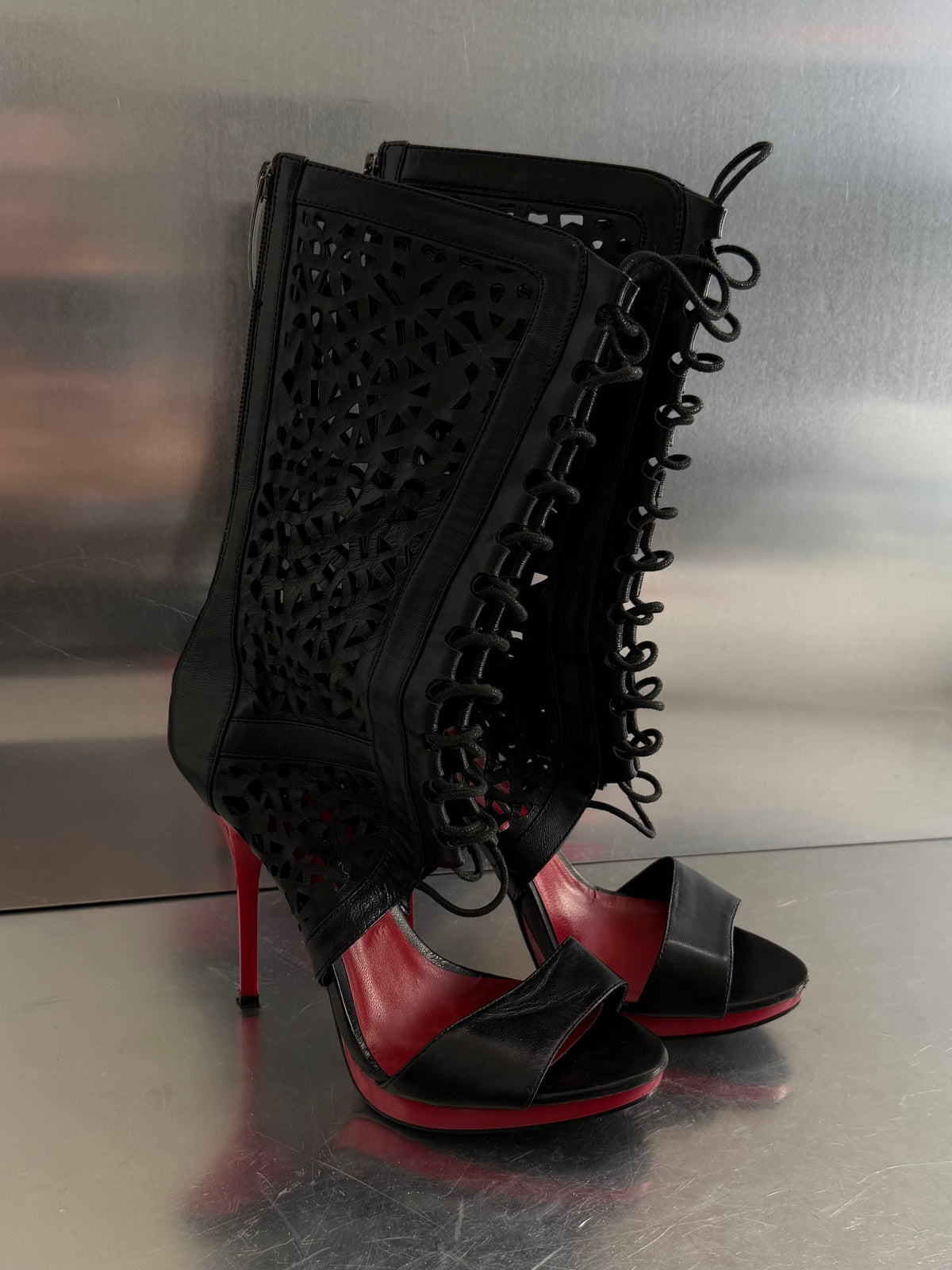 Vintage Luciano Carvari black gladiator heels with red heel TWINKLING GLOBAL