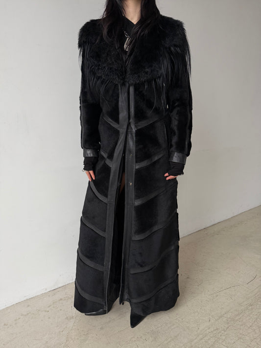 Vintage Black Leather Long Coat TWINKLING GLOBAL