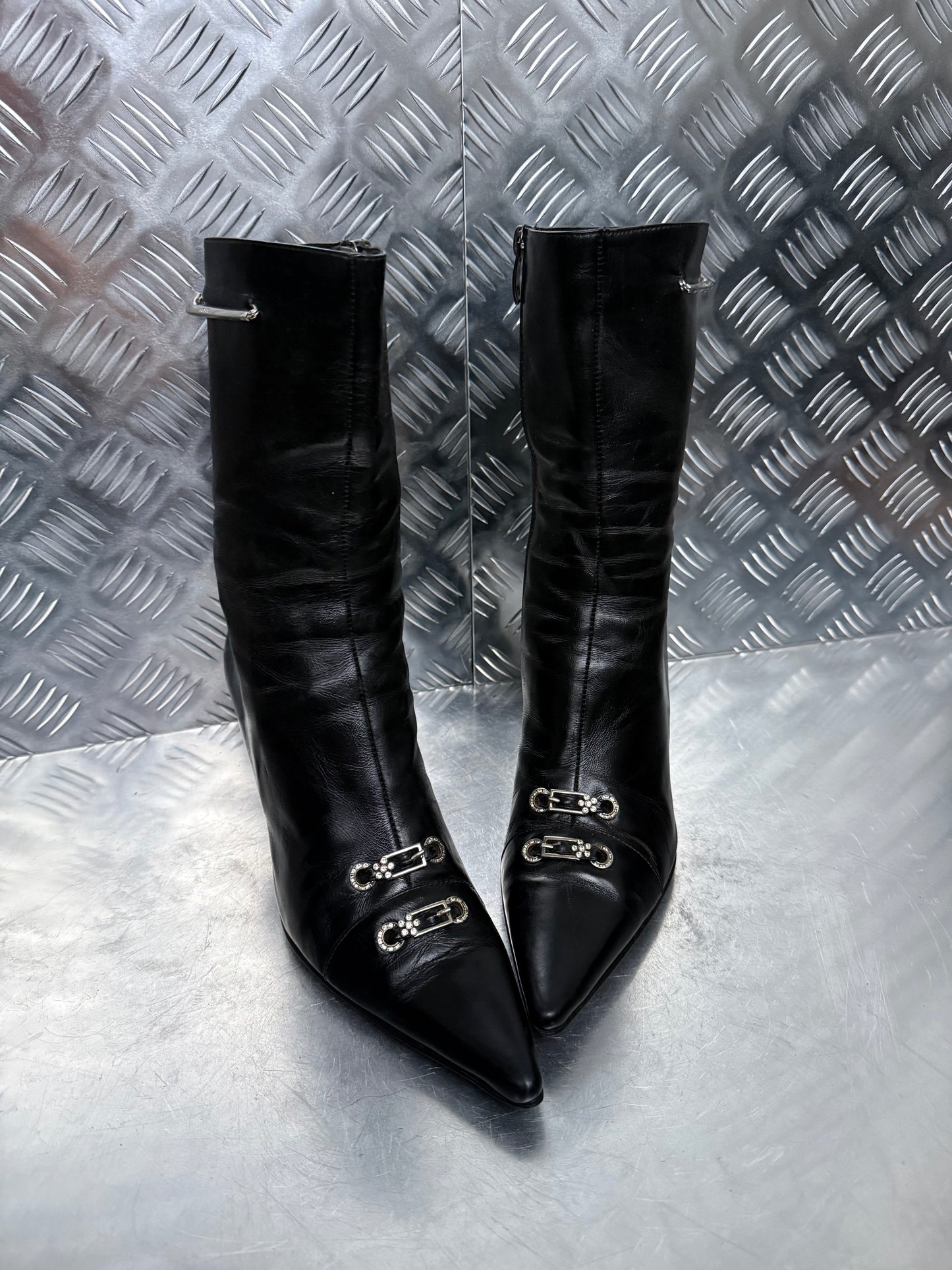 Vintage Black Leather Boots with Crystal Buckles TWINKLING GLOBAL