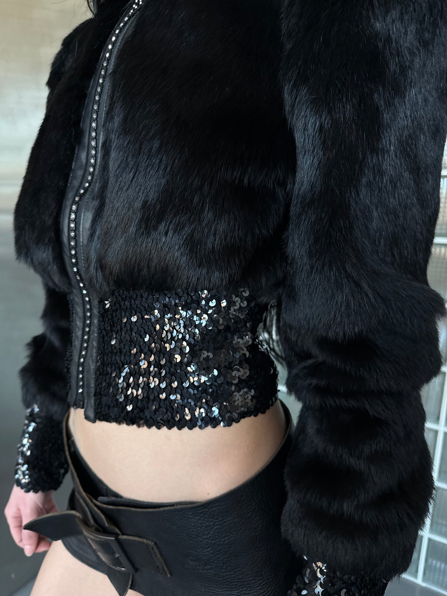 Vintage cropped jacket with leather inserts and sequins Balizza TWINKLING GLOBAL