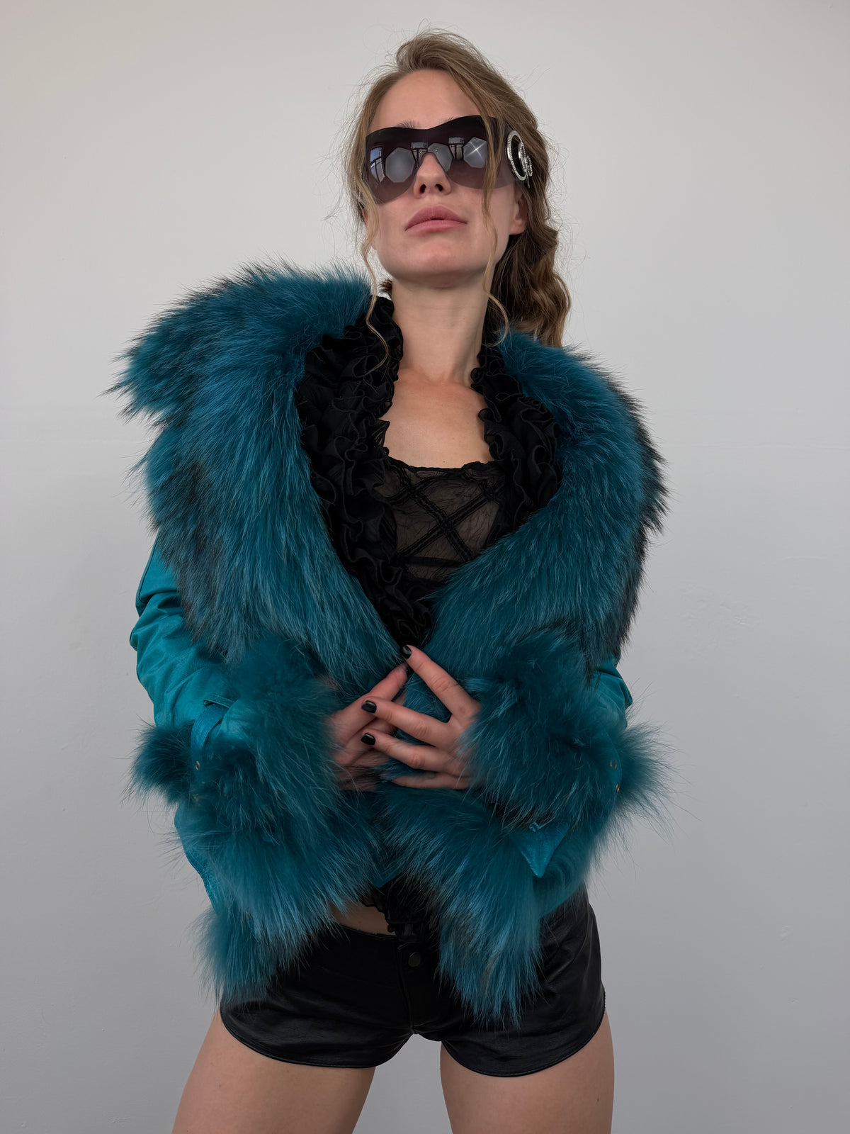 Vintage turquoise leather jacket with fur TWINKLING GLOBAL
