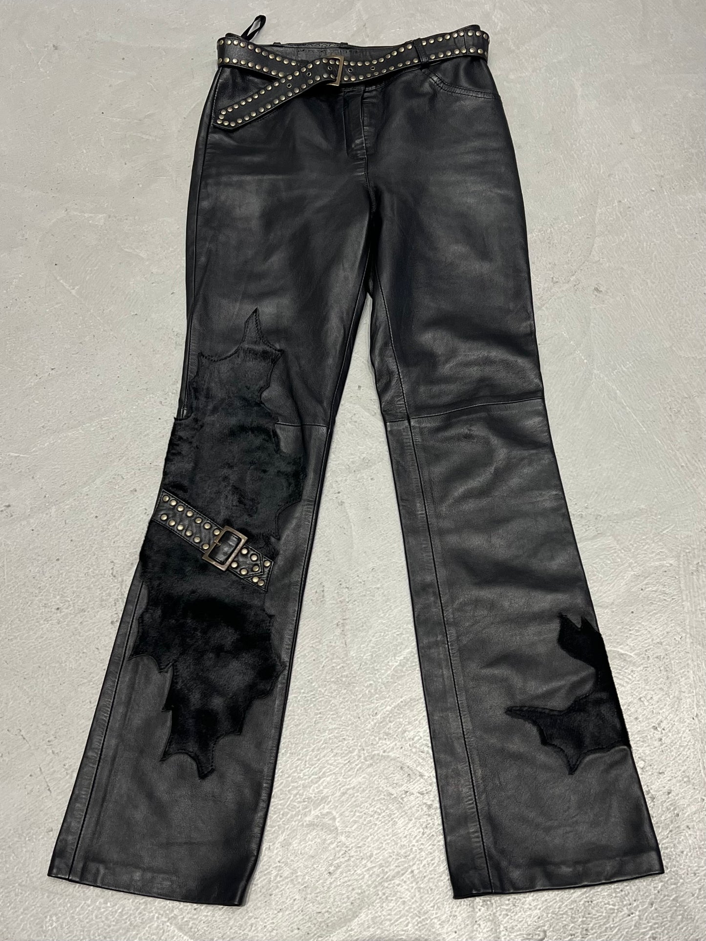Vintage leather pants with textured inserts and studded strap detail TWINKLING GLOBAL