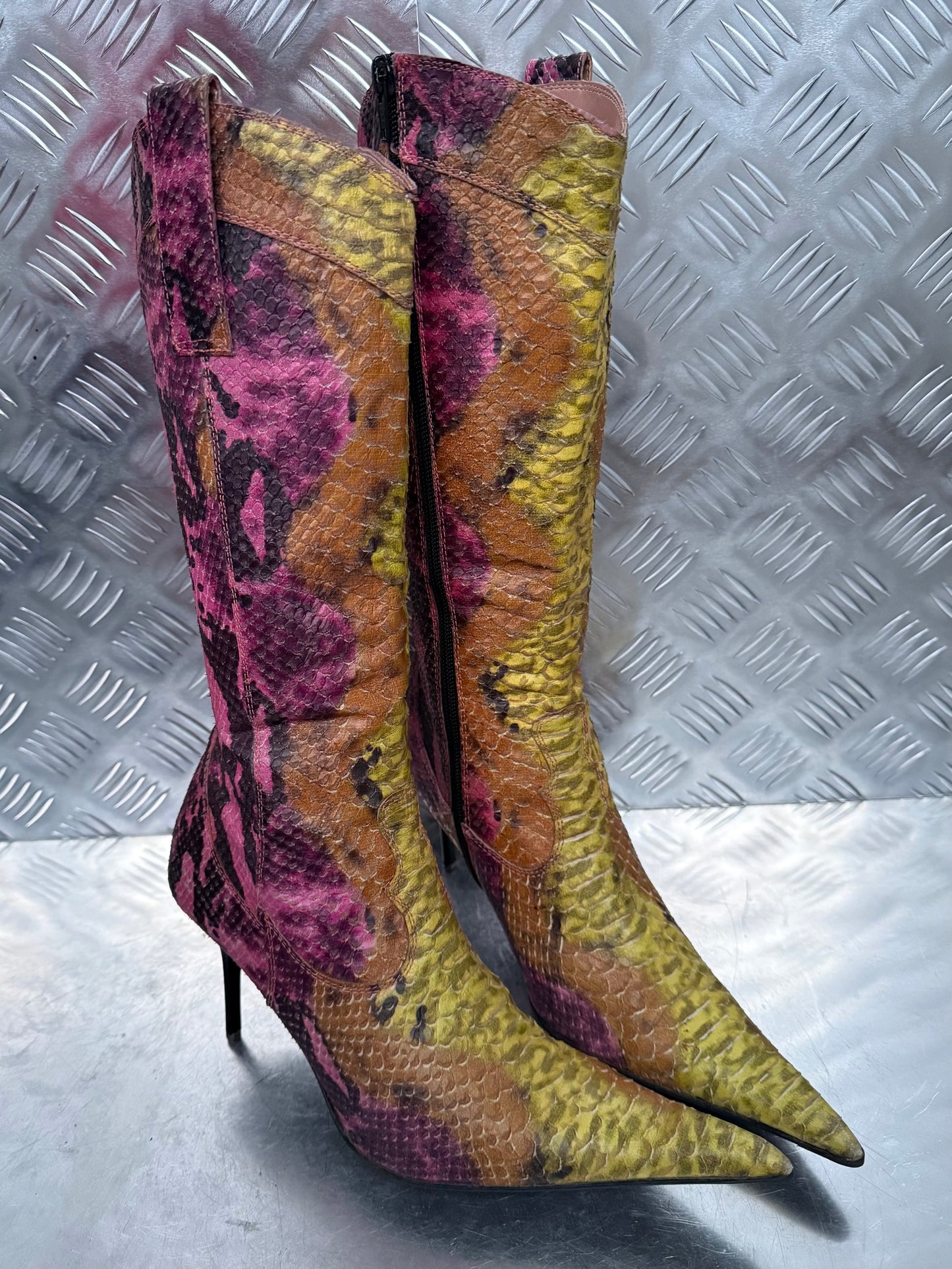 Vintage leather high boots in multicolor snake print TWINKLING GLOBAL