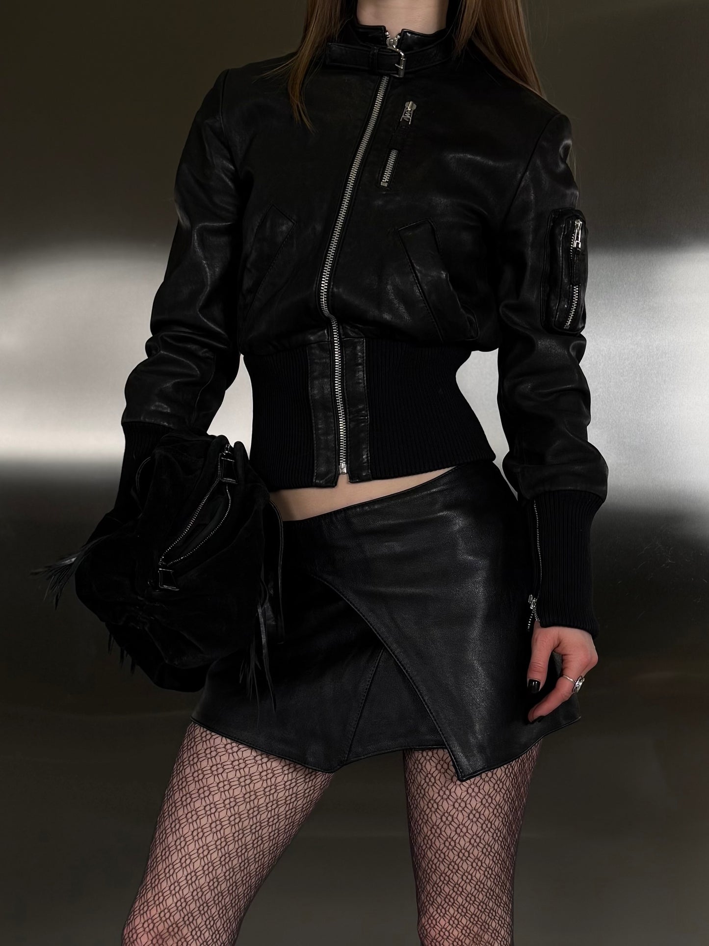 Vintage fitted leather jacket with back lettering TWINKLING GLOBAL