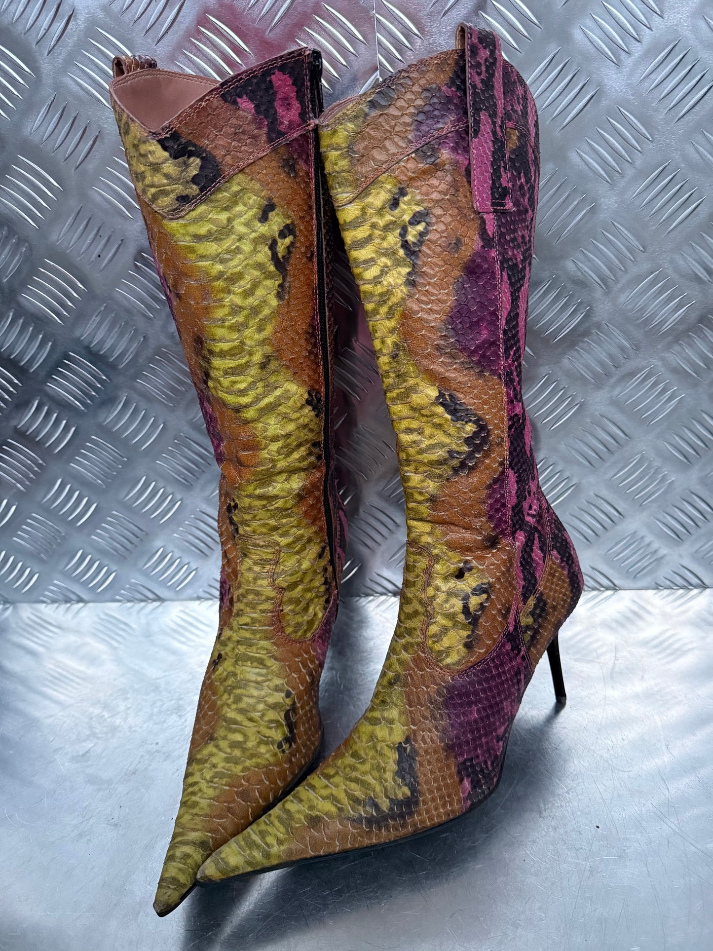 Vintage leather high boots in multicolor snake print TWINKLING GLOBAL