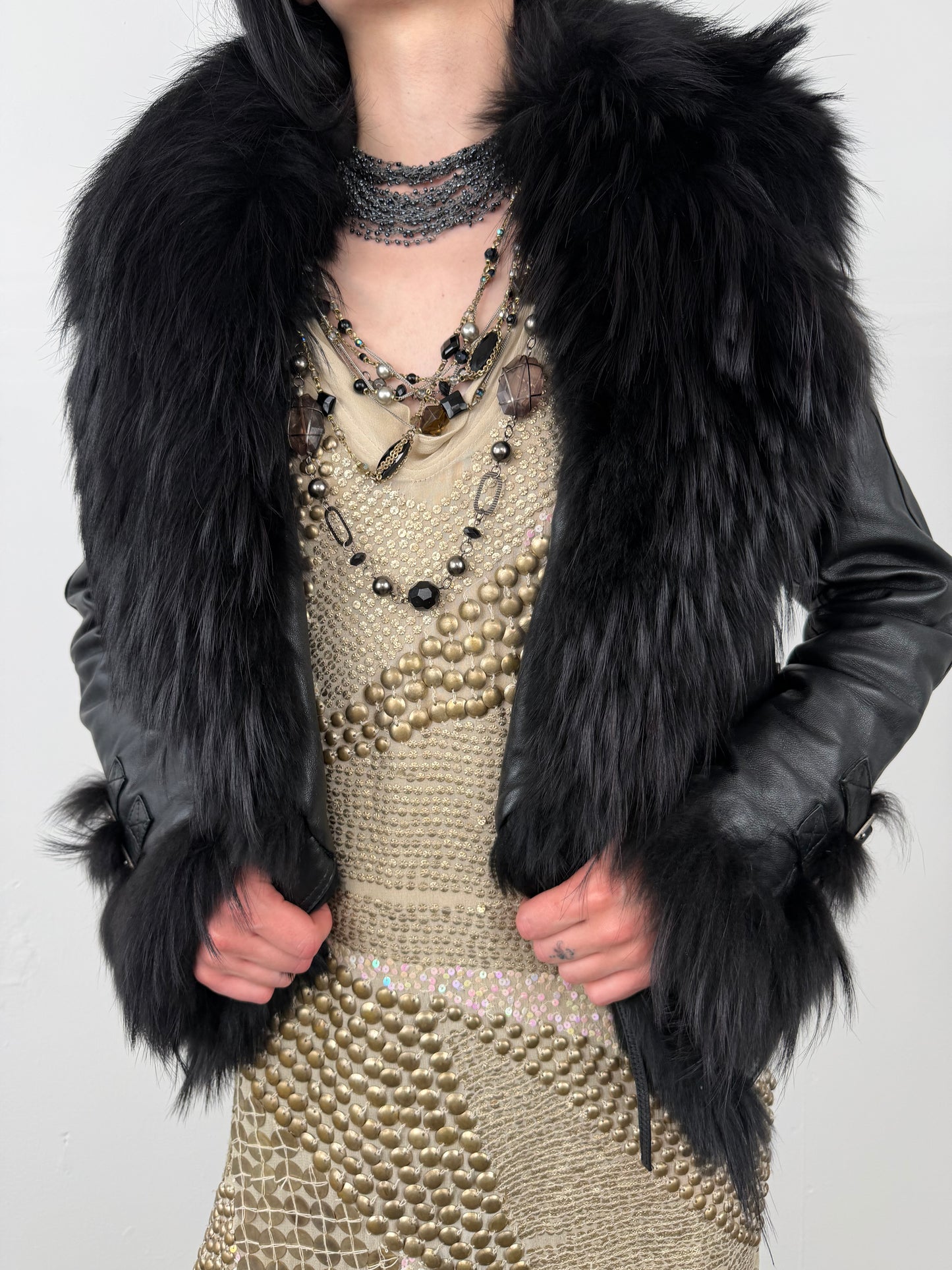 Vintage leather jacket with oversized collar TWINKLING GLOBAL