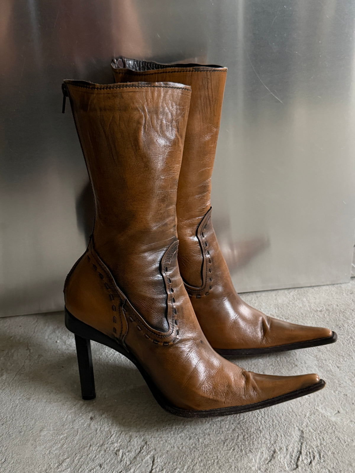 Vintage Italian brown pointed leather boots TWINKLING GLOBAL
