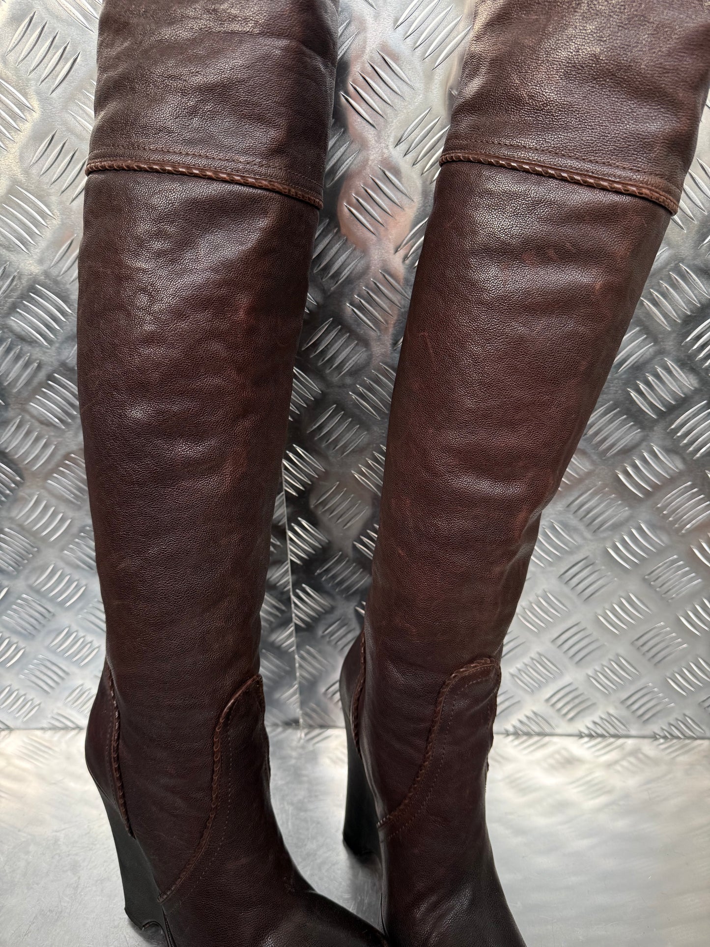 Vintage brown leather platform wedge over-the-knee boots SHY TWINKLING GLOBAL