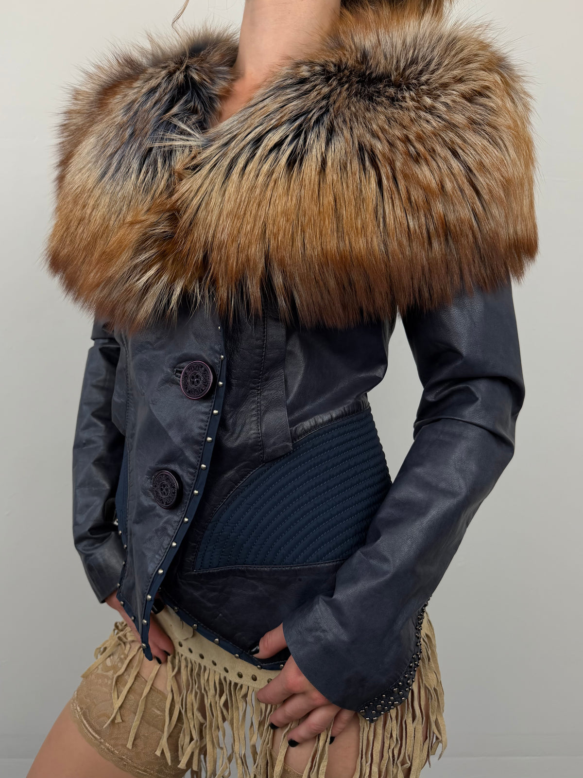 Vintage aubergine leather jacket with fur TWINKLING GLOBAL